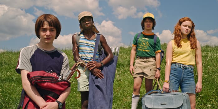 Will (Noah Schnapp), Lucas (Caleb McLaughlin), Dustin (Gaten Matarazzo) and Max. Photo: Courtesy of Netflix