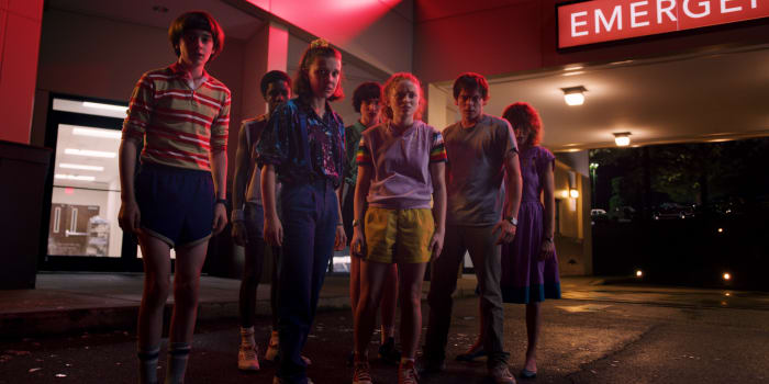 Will (Noah Schnapp), Lucas (Caleb McLaughlin), Eleven (Millie Bobby Brown), Mike (Finn Wolfhard), Max (Sadie Sink), Jonathan (Charlie Heaton) and Nancy (Natalia Dyer). Photo: Courtesy of Netflix