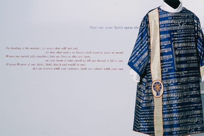 A blue Advent vestment by Thomas Roach, on exhibition at Museum London in Ontario. Photo: Courtesy Thomas Roach
