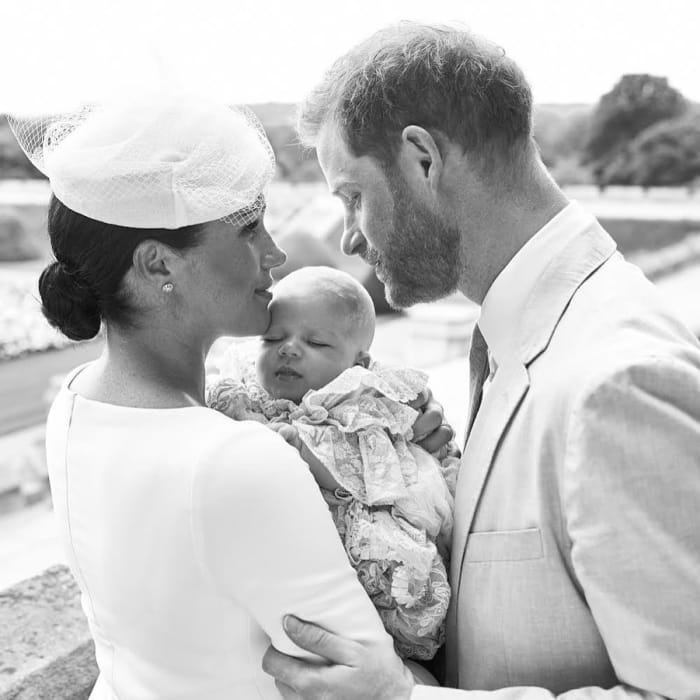 Prince Harry, Duke of Sussex, and Meghan, Duchess of Sussex holding their baby son, Archie Harrison Mountbatten-Windsor at Windsor Castle. Photo: Chris Allerton/Sussex Royal/AFP