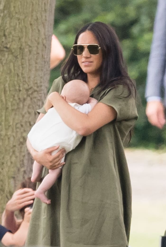 Meghan Markle, Duchess of Sussex, in a Lisa Marie Fernandez dress at the King Power Royal Charity Polo Day at Billingbear Polo Club in Wokingham, England. Photo: Samir Hussein/WireImage
