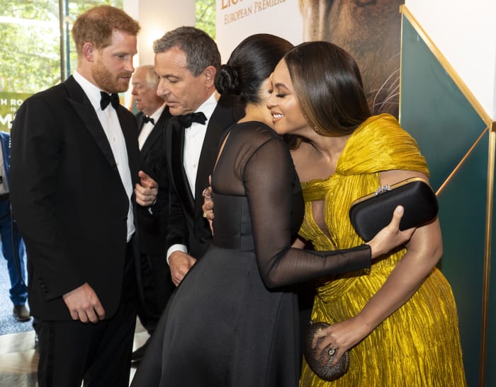 Meghan Markle, the Duchess of Sussex, and Beyoncé embrace at the London premiere of "The Lion King." Photo: Niklas Halle'n-WPA Pool/Getty Images