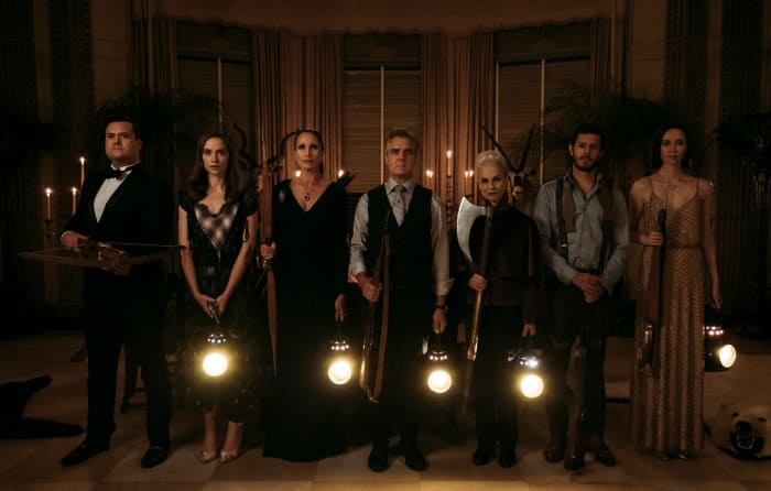 Fitch (Kristian Bruun), Emilie (Melanie Scrofano), Becky (Andie MacDowell in lots of Swarovski), Tony (Henry Czerny), Aunt Helene (Nicky Guadagni), Daniel (Adam Brody) and (Charity) Elyse Levesque. Photo: Eric Zachanowic/2019 Twentieth Century Fox Film Corporation