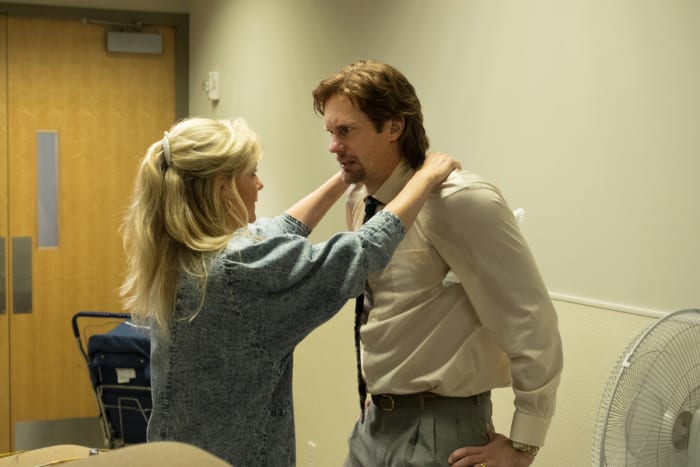 Krystal (Kirsten Dunst) and Travis (Alexander Skarsgård). Also, note that the men's "crazy" ties emulate their FAM mentors or their "uplines." Photo: Patti Perret/Courtesy of Sony/Showtime
