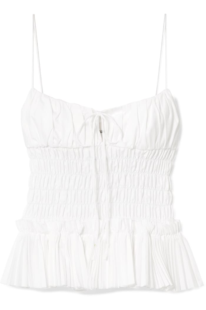 Khaite Dagny Shirred Pleated Cotton-Poplin Top, $468 (from $780), available here.