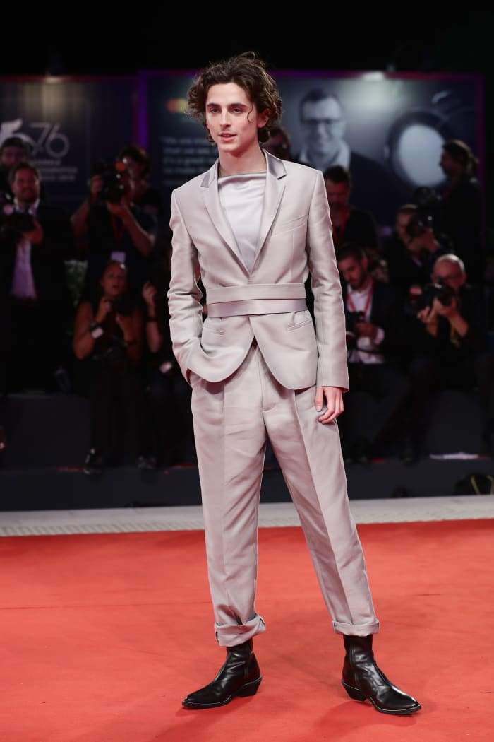 Timothée Chalamet in Haider Ackerman at the 2019 Venice Film Festival. Photo: Vittorio Zunino Celotto/Getty Images