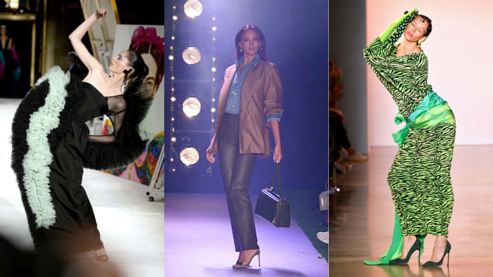 L to R: Models on the runways at Christian Siriano, Brandon Maxwell and Christopher John Rogers. Photos: Getty Images