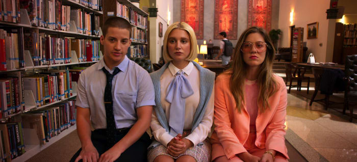 James (Theo Germaine), Alice (Julia Schlaepfer) and McAfee (Laura Dreyfuss). Photo: Courtesy of Netflix