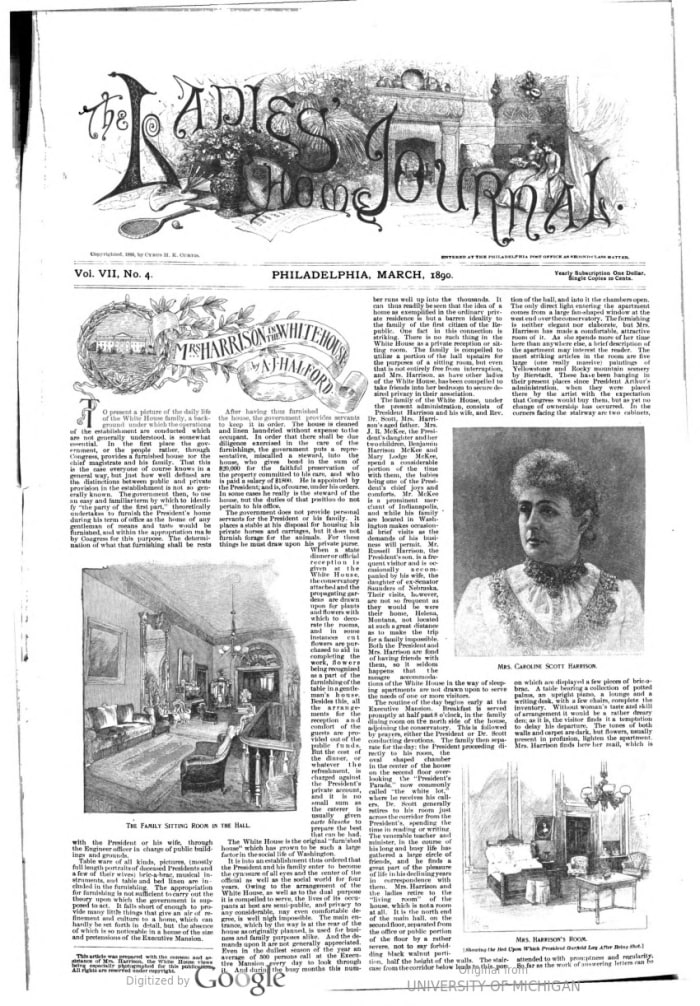“Mrs. Harrison in the White House” by A.J. Halford, Ladies’ Home Journal, vol. 8, no. 4, March 1890.