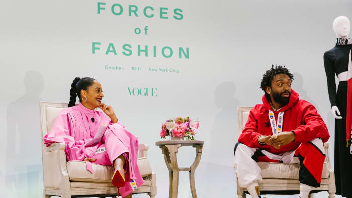 Tracee Ellis Ross and Kerby Jean-Raymond speaking on Vogue's Forces of Fashion panel. Photo: Corey Tenold for Vogue Magazine