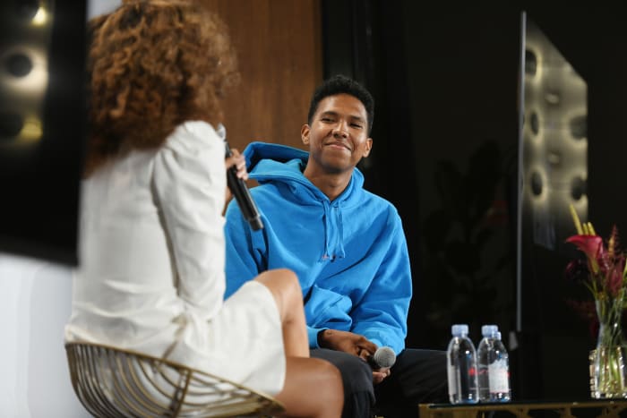 Tyler Mitchell and Elain Welteroth speak onstage at The Talks during New York Fashion Week. Photo: Noam Galai/Getty Images