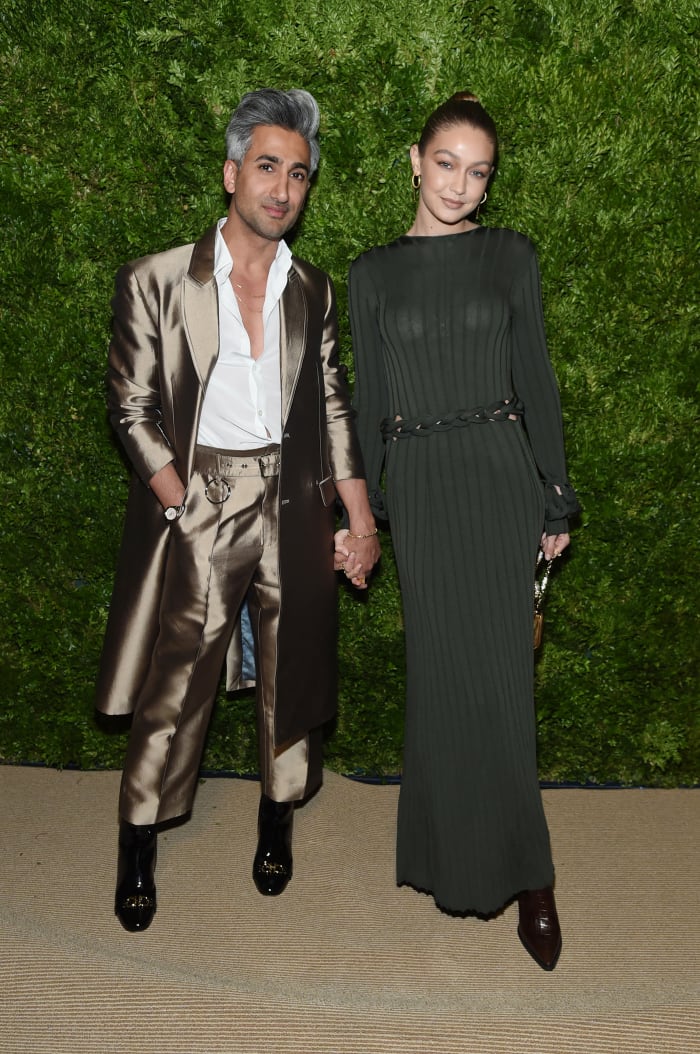 Tan France and Gigi Hadid attend the 2019 CFDA/Vogue Fashion Fund Awards. Photo: Jamie McCarthy/Getty Images