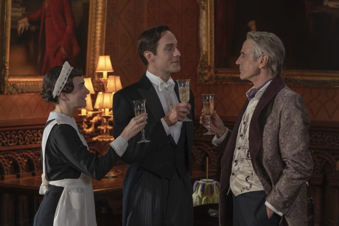 Miss Crookshanks (Sara Vickers), Mr. Philips (Tom Mison), Adrian Vleidt (Jeremy Irons) "We had 20 core looks for Phillips and about a core 12 for Crookshanks," says Kasperlik. Photo: Colin Hutton/Courtesy of HBO