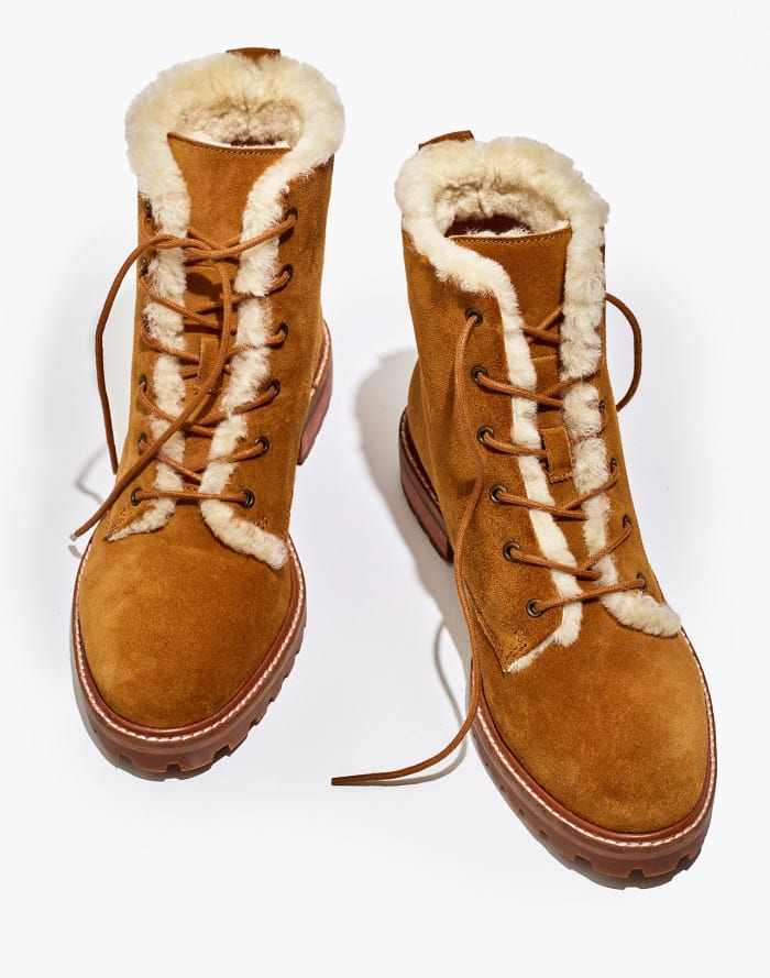 Madewell The Clair Lace-Up Boot in Shearling-Lined Suede, $228, available here.