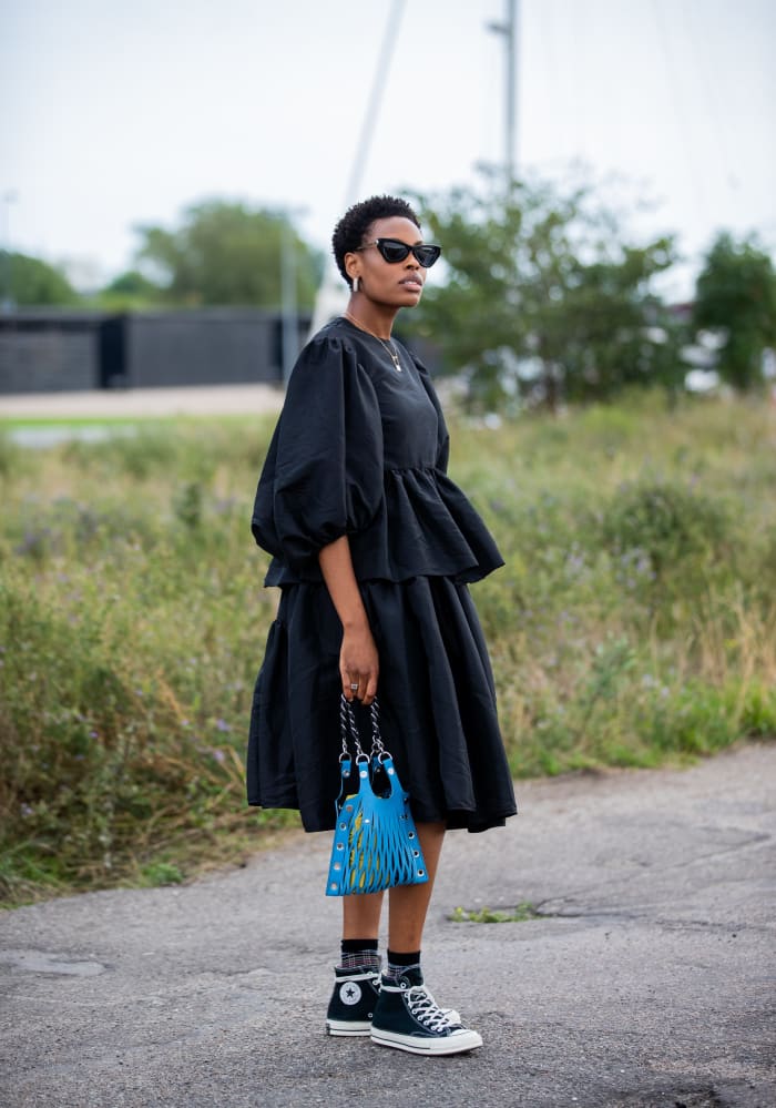 Donna Wallace wearing a Cecilie Bahnsen dress during Copenhagen Fashion Week in August 2019.