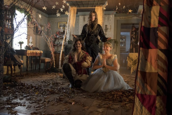 A meta-moment in the movie (and book) when Amy (Florence Pugh, right) serves as costume designer for Jo's (Saoirse Ronan, middle) Christmas play, also starring Meg (Emma Watson, left). "Amy had just a real mixture of things because she’s the youngest and the most childish," says Durran, while showing that the other two took the roles more seriously.
