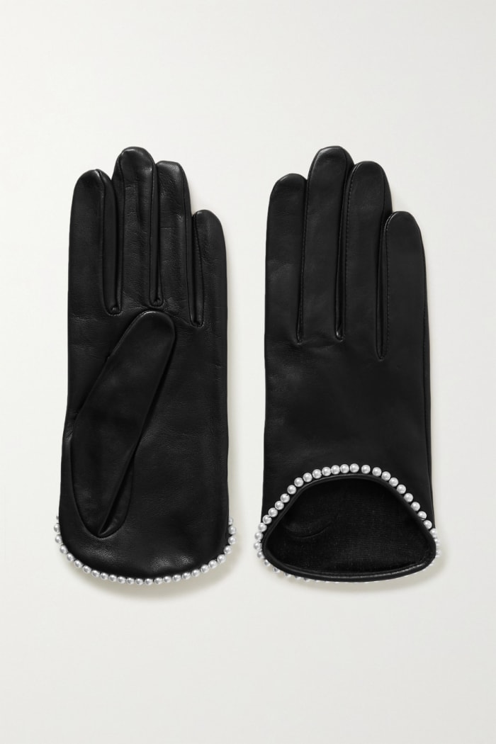 Agnelle Sofia Faux Pearl-Embellished Leather Gloves, $170, available here.