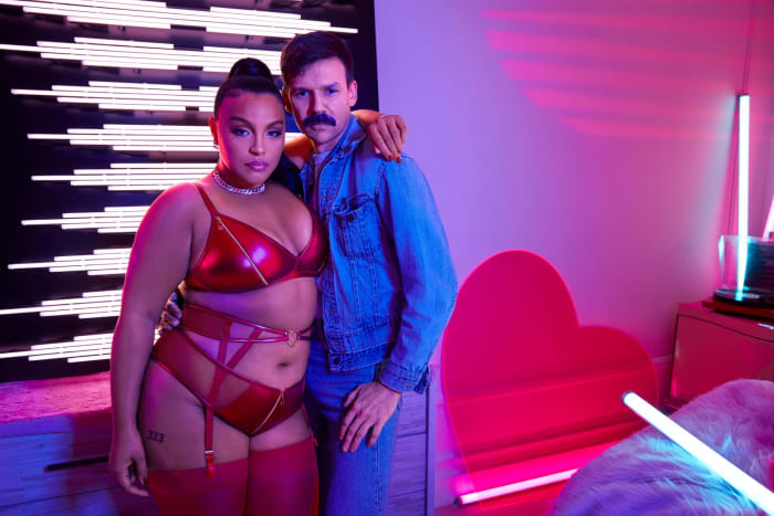 Paloma Elsesser and Adam Selman on set for the Savage x Adam Selman campaign.