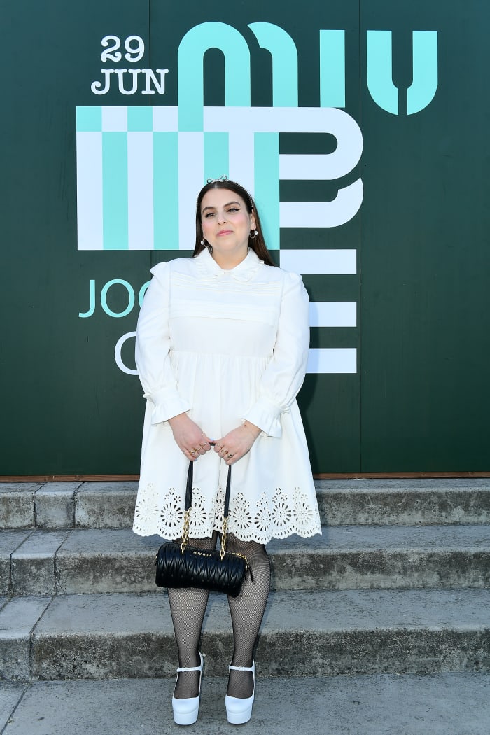 Feldstein at Miu Miu's Resort 2020 show, wearing the brand.