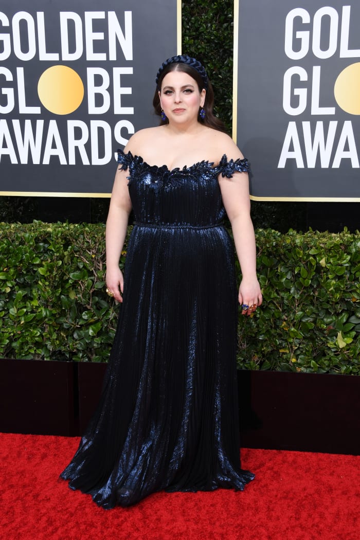 Feldstein at the Golden Globes in 2020, wears Oscar de la Renta.