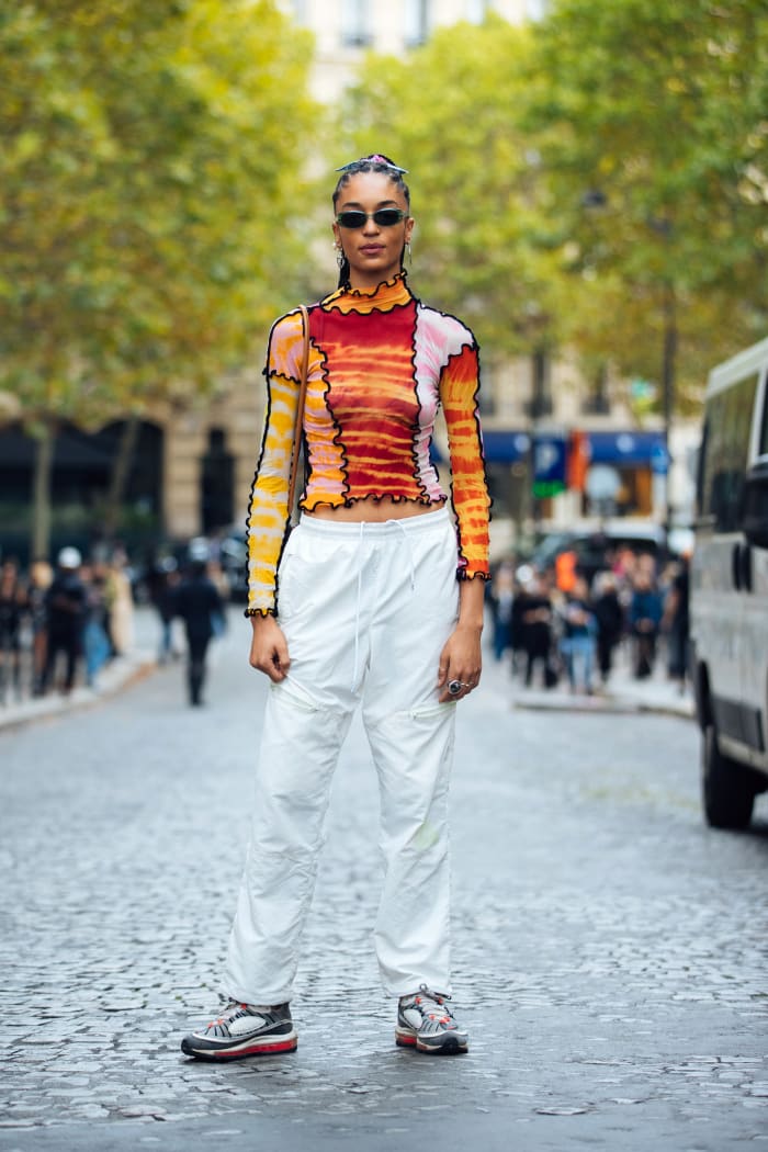 Model Indira Scott in a top by U.K.-based brand ASAI during Paris Fashion Week in September 2019.