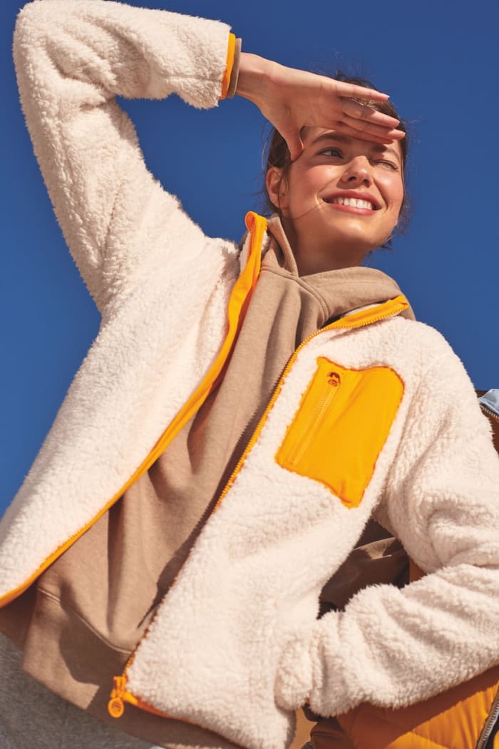 Tory Sport's Spring 2020 editorial campaign, featuring its shell-trimmed Sherpa Fleece jacket, which retails for $188.