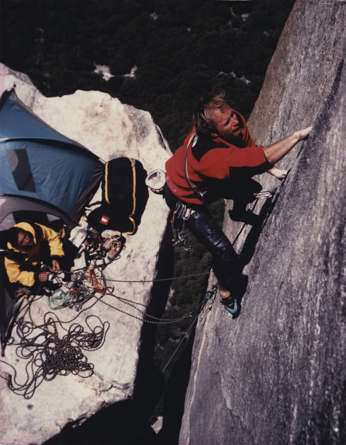 The North Face's iconic Denali jacket in action, climbing Yosemite National Park's Salathé Wall in 1995.