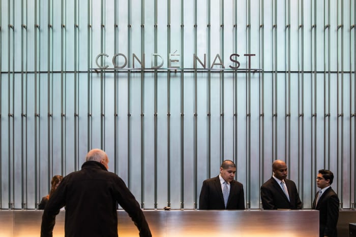 Condé Nast’s front desk at One World Trade Center in New York City. Photo: Andrew Burton/Getty Images