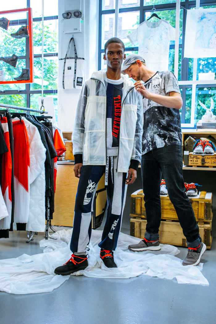 Raeburn with a model wearing the Timberland x Christopher Raeburn collaboration. Photo: Courtesy of Timberland