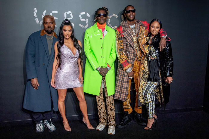 Kanye West, Kim Kardashian West, Young Thug, 2Chainz and Kesha Ward at Versace's Pre-Fall 2019 runway show. Photo: Roy Rochlin/Getty Images