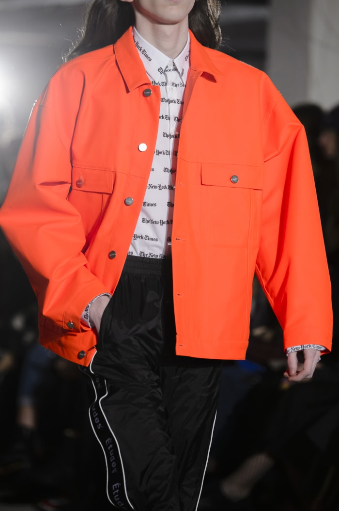 A piece from Études's collaboration with "The New York Times," shown during the French label's Fall 2018 runway show during Paris Fashion Week Men's in January 2018. Photo: Imaxtree