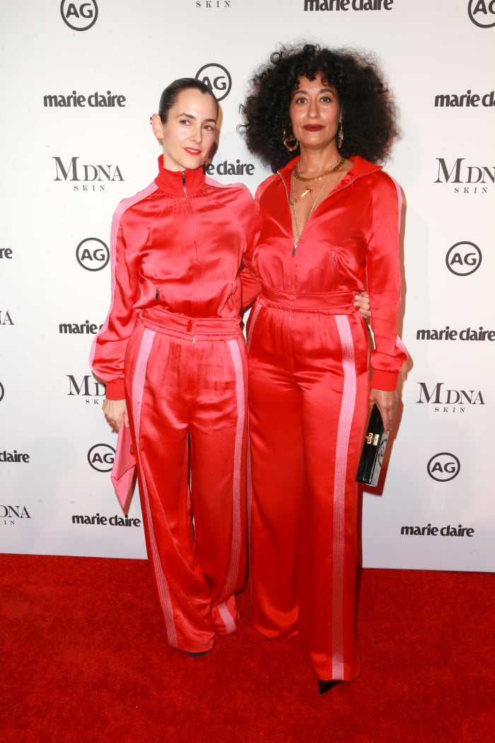 Stylist Karla Welch and Tracee Ellis Ross in matching Valentino tracksuits at "Marie Claire"'s 2018 Image Makers Awards. Photo: Rich Fury/Getty Images