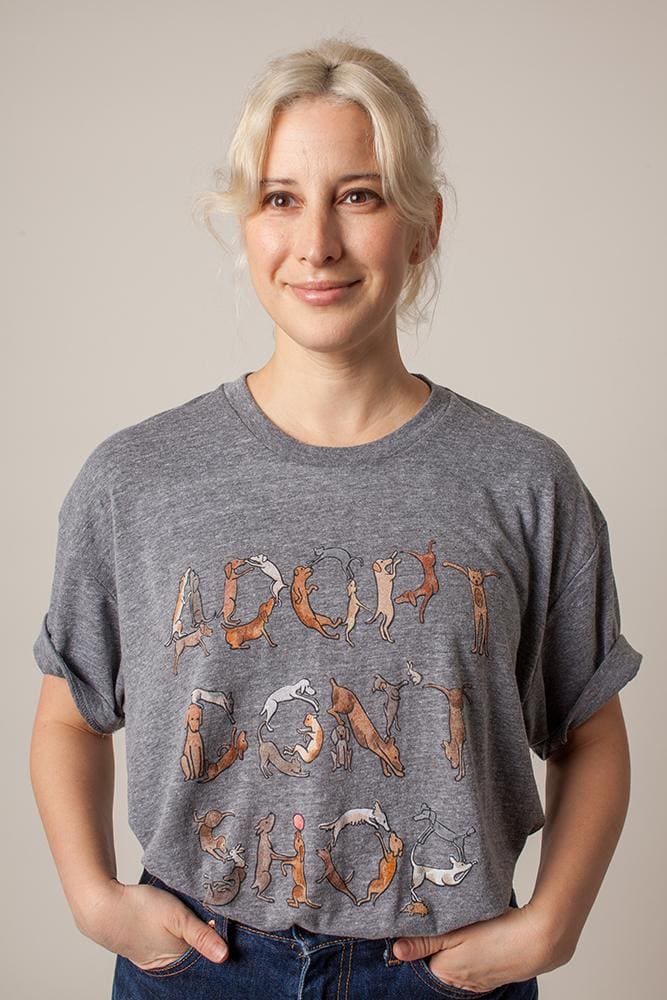 Rachel Antonoff wearing her now-sold-out "Adopt, Don't Stop" tee with artwork by Charlotte Minnett. Photo: Courtesy of Rachel Antonoff