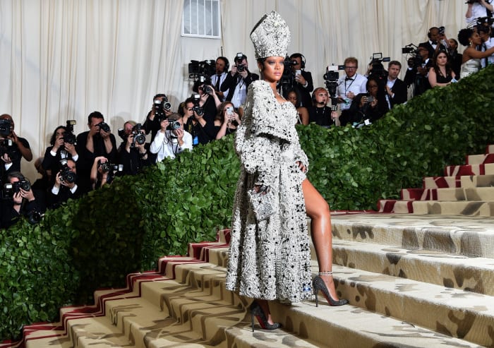 Rihanna in a very papal Maison Margiela look at the 2018 Met Gala, "Heavenly Bodies: Fashion and the Catholic Imagination." Photo: Hector Retamal/AFP/Getty Images