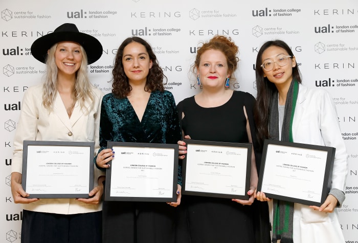 The Kering Award for Sustainable Fashion winners (L-R): Jenni Kusowski, Laure Fernandez, Charlie Wilkinson and Dianjen Lin, during the 2017 Kering Talk at the London College of Fashion. Photo: Tristan Fewings/Getty Images for Kering