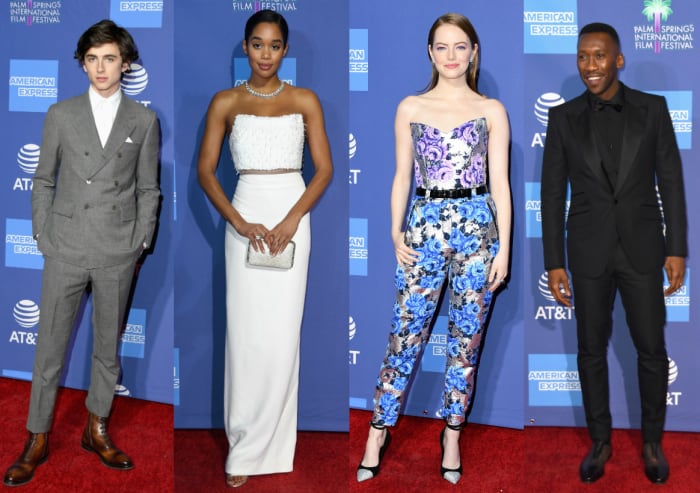 Timothée Chalamet, Laura Harrier, Emma Stone and Mahershala Ali at the Palm Springs International Film Festival. Photos: Getty Images
