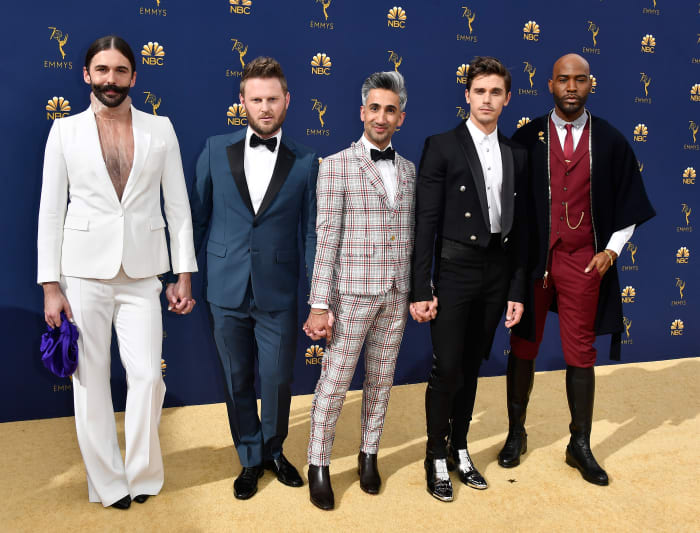 Jonathan Van Ness, Bobby Berk, Tan France, Antoni Porowski and Karamo Brown serving looks at the 70th Emmy Awards in September 2018. Photo: Frazer Harrison/Getty Images
