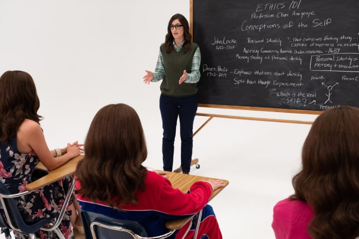 Chidi Janet (center, D'Arcy Carden) gives a moral philosophy lecture to (L-R) Tahani Janet, Jason Janet and Eleanor Janet. Photo: Colleen Hayes/NBC