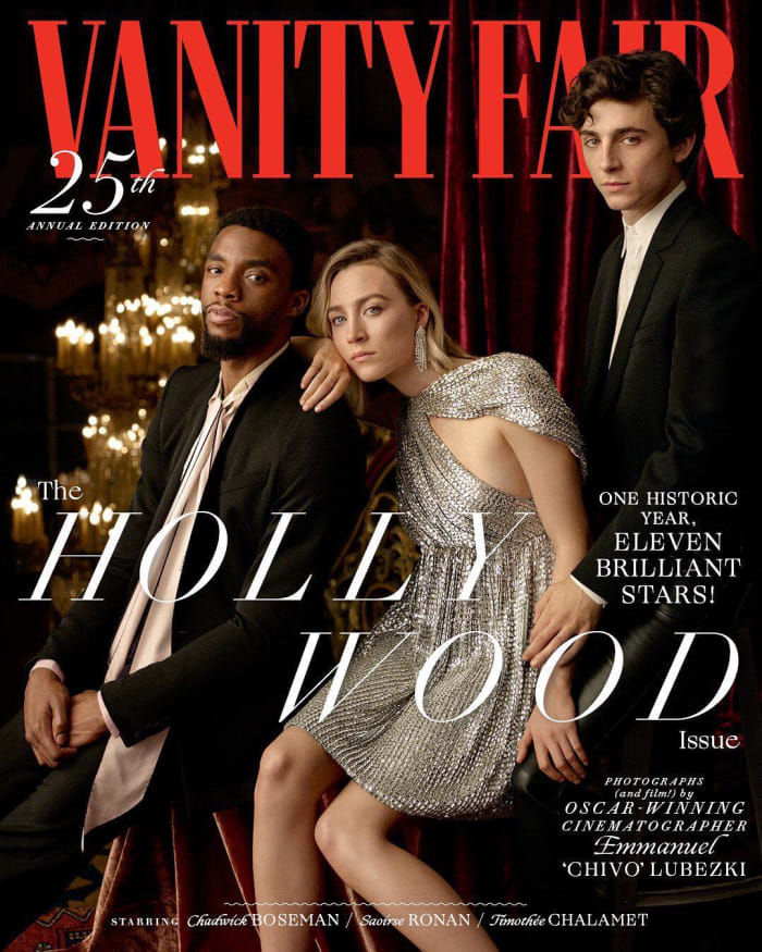 Chadwick Boseman, Saoirse Ronan and Timothée Chalamet on the cover of "Vanity Fair." Photo: Emmanuel "Chivo" Lubezki