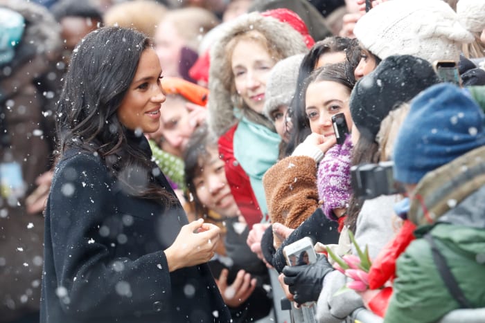 Meghan Markle in William Vintage and Oscar de la Renta in Bristol, England. Photo: Chris Jackson/Getty Images