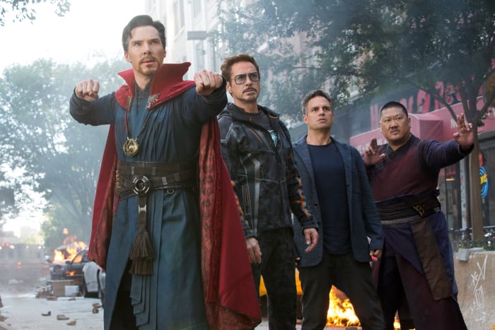 "The wonderful thing about superhero movies — that you don’t get in other films — is that you’re collaborating with all your other costume designer friends, which we never get to do," says Makovsky. Doctor Strange (Benedict Cumberbatch), Tony Stark (Robert Downey, Jr.), Bruce Banner (Mark Ruffalo) and Wong (Benedict Wong). Photo: Courtesy of Marvel Studios