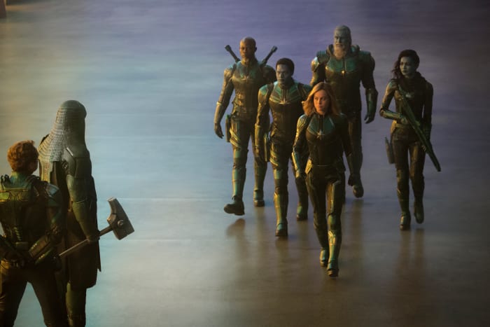 (L-R) Leader of Starforce (Jude Law), Ronan (Lee Pace), Korath (Djimon Hounsou), Att-Lass (Algenis Perez Soto), Carol Danvers/Captain Marvel (Brie Larson), Bron-Char (Rune Temte) and Minn-Erva (Gemma Chan). Photo: Chuck Zlotnick/©Marvel Studios 2019