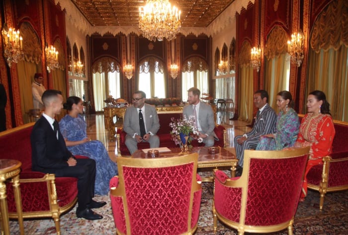 The Duke and Duchess of Sussex meeting with King of Morocco Mohammed VI at a royal residence in Morocco. Photo: @KensingtonRoyal/Twitter
