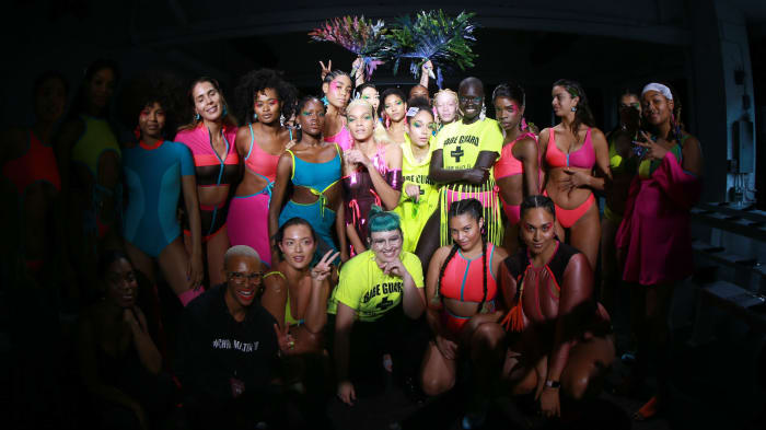 Models with designer Becca McCharen-Tran and casting director Gilleon Smith at Chromat's Fall 2019 show. Photo: Bennett Raglin/Getty Images for Chromat