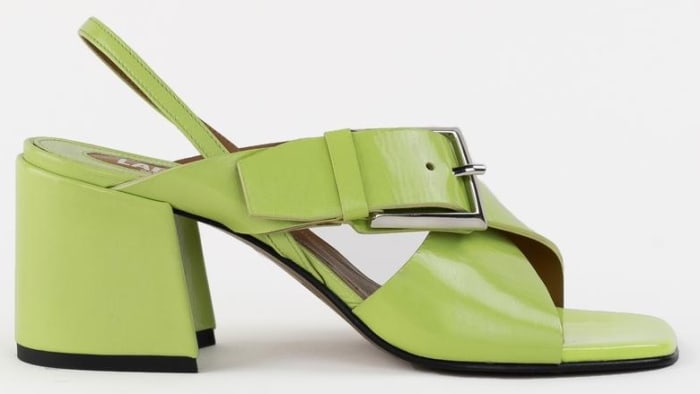Labucq Chan Sandal in lime patent, $325, available here.