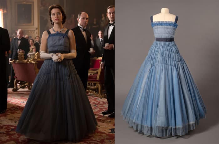 Left: Queen Elizabeth II (Claire Foy) in season two of 'The Crown. Photo: Alex Bailey / Netflix; Right: dress by Jane Petrie in the preparation process for 'Costuming the Crown.' Photo: Jim Schneck; Courtesy of Winterthur