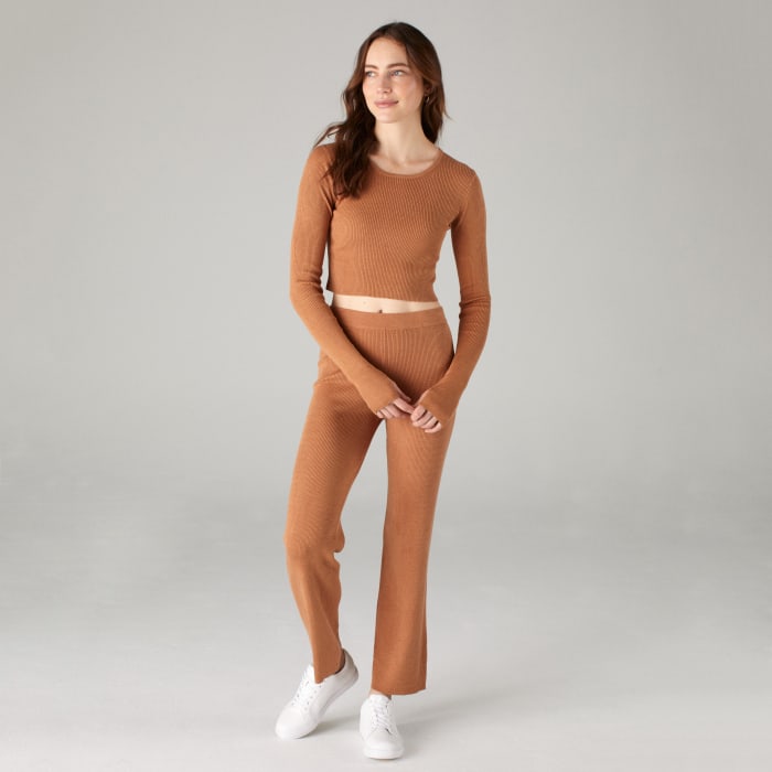white ribbed flare pants