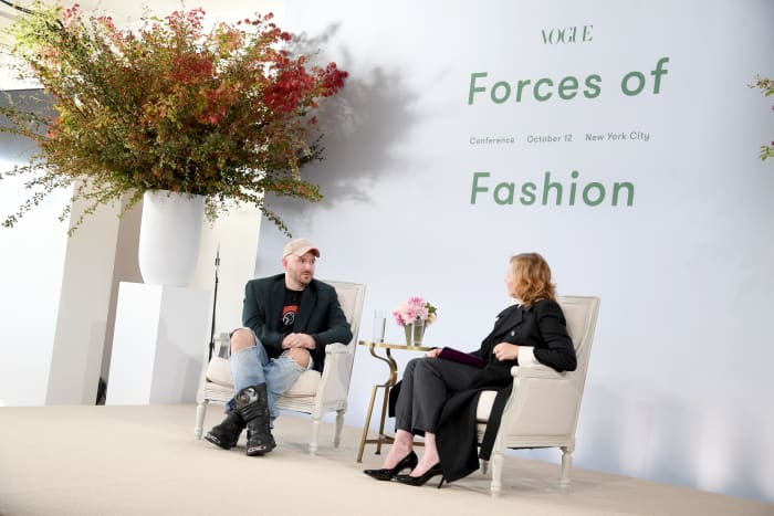Demna Gvasalia and Sarah Mower at the 2017 Vogue Forces of Fashion conference. Photo: Dimitrios Kambouris/Getty Images