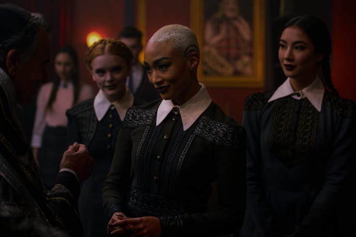 L-R: Abigail F. Cowen as Dorcas, Gabrielle as Prudence and Adeline Rudolph as Agatha in season two of 'Chilling Adventures of Sabrina.' Photo: Diyah Pera/Courtesy of Netflix