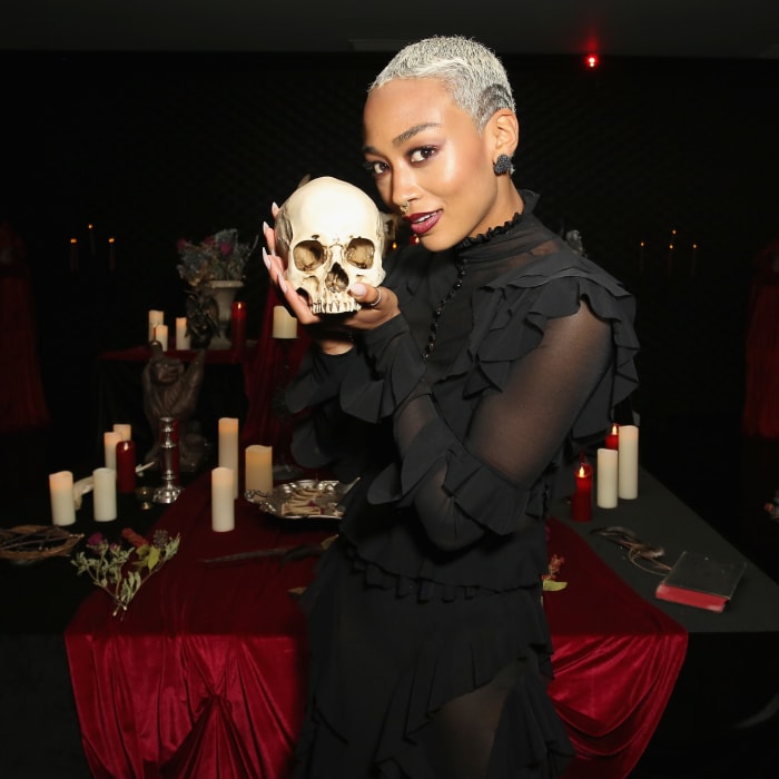 Tati Gabrielle and a guest at the 'Chilling Adventures of Sabrina' premiere in October 2018. Photo: Rachel Murray/Getty Images for Netflix